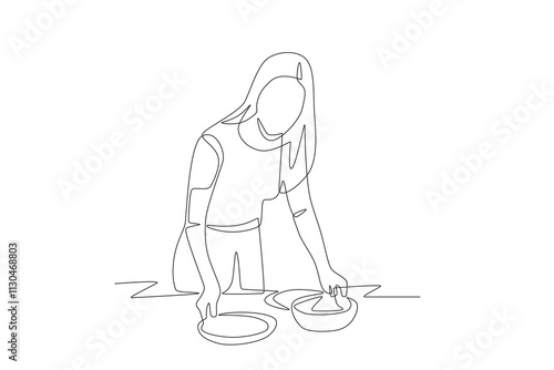 Woman preparing food on the table. Preparing meals concept one-line drawing