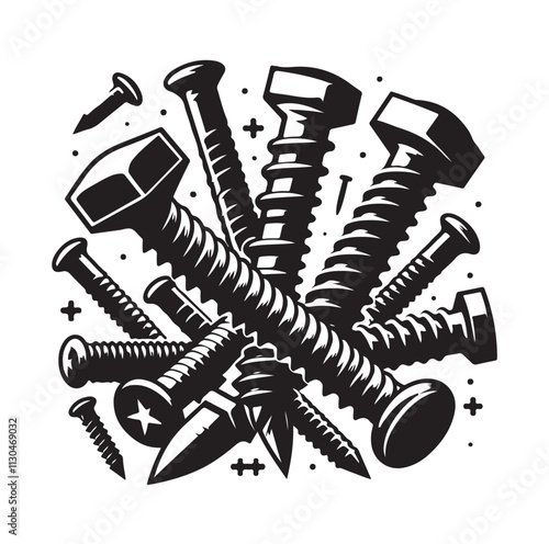 Screw bolt and nail Silhouette vector illustration