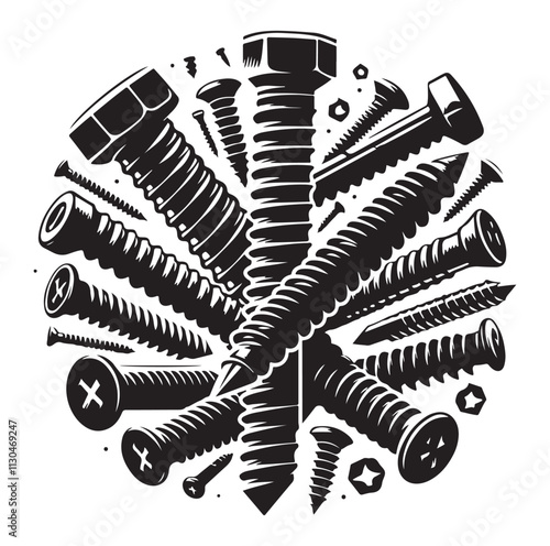 Screw bolt and nail Silhouette vector illustration