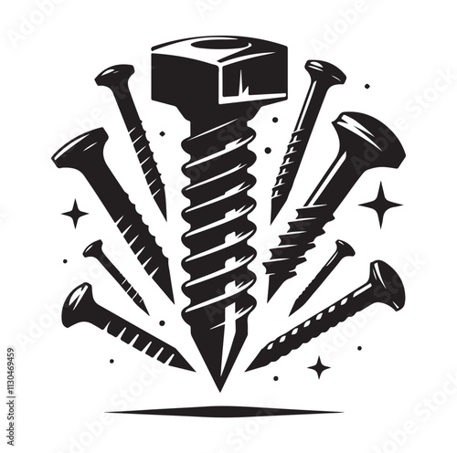 Screw bolt and nail Silhouette vector illustration
