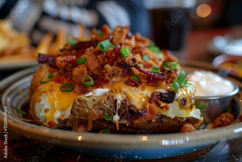 Loaded baked potato with bacon, cheese, chives, and sour cream. photo