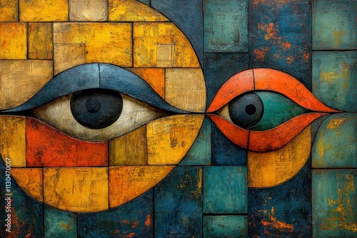 An intricate abstract mural featuring two stylized eyes in vibrant hues of blue, yellow, and orange, creating a captivating visual effect.