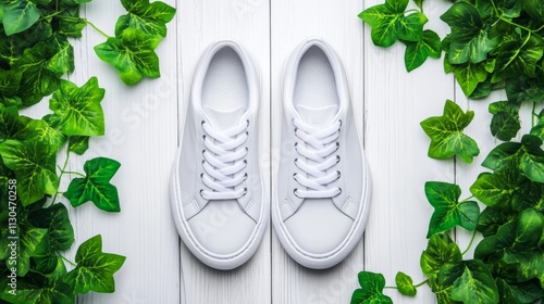 White sneakers with chunky platform soles on a white wooden floor surrounded by green ivy leaves for a fresh aesthetic  photo