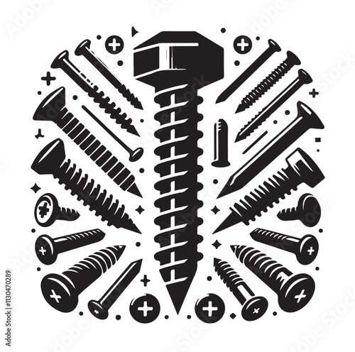 Screw bolt and nail Silhouette vector illustration