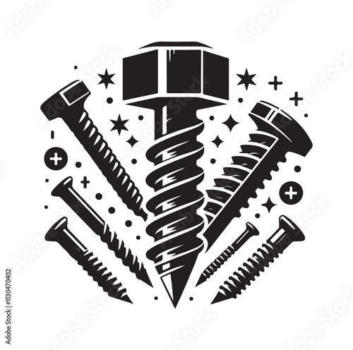 Screw bolt and nail Silhouette vector illustration