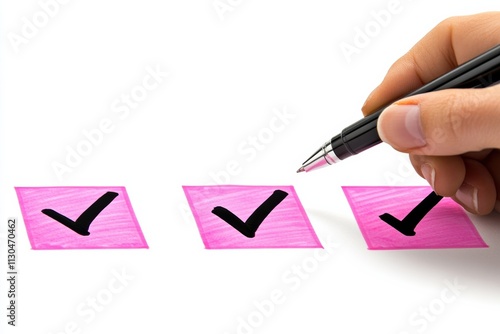 A closeup image shows a hand checking off tasks on bright pink sticky notes with check marks, representing the rewarding journey of personal goal achievement and selfimprovement photo