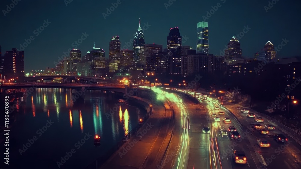 Fototapeta premium Nighttime Cityscape with Light Trails in Philadelphia Skyline