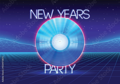 New years party invitation poster or flyer with 80s neon style and vinyl lp for dj