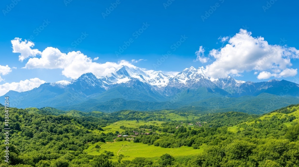 Obraz premium A breathtaking view of the Caucasus Mountains in Georgia, with snow-capped peaks, lush green valleys, and a small village nestled in the distance 