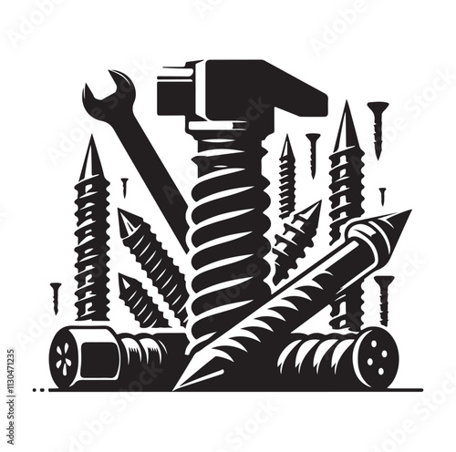 Screw bolt and nail Silhouette vector illustration