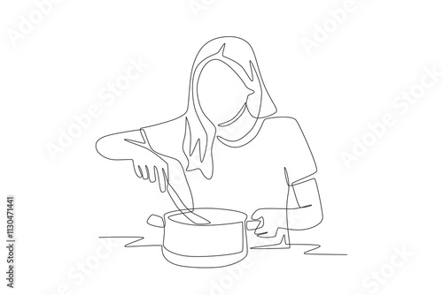 Woman preparing food. Preparing meals concept one-line drawing