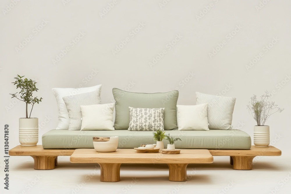 Fototapeta premium A minimalist and serene living room setup featuring a light green sofa with white and
