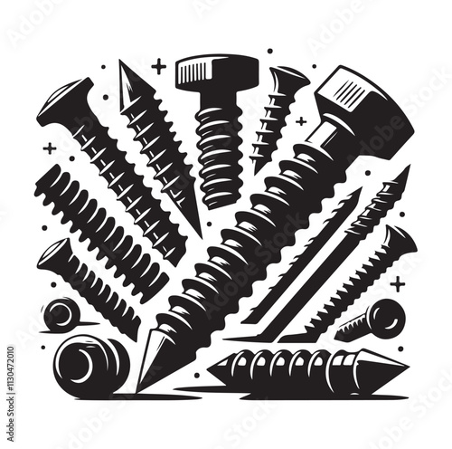 Screw bolt and nail Silhouette vector illustration