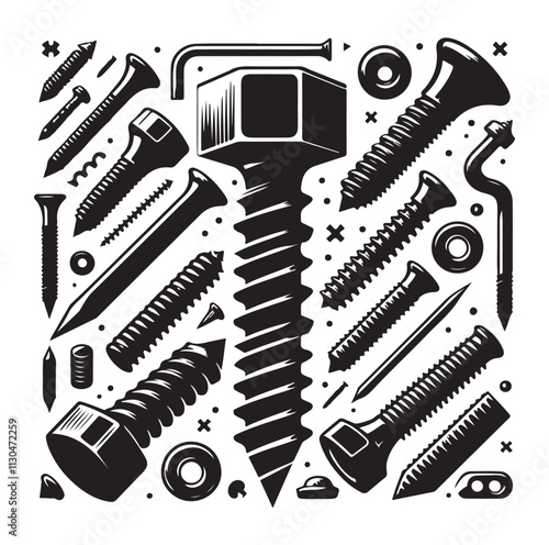 Screw bolt and nail Silhouette vector illustration
