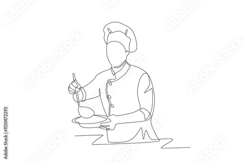 Male chef preparing food. Preparing meals concept one-line drawing