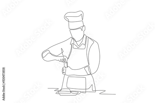 Male chef adds seasoning to food. Preparing meals concept one-line drawing
