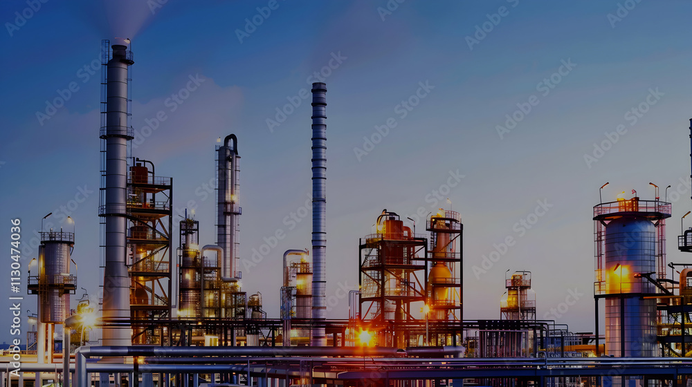 Obraz premium Industrial landscape featuring oil refineries with smoke stacks and illuminated structures.