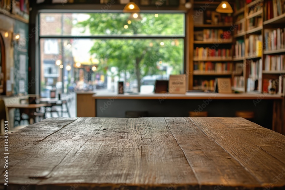 Fototapeta premium A rustic wooden table surface in the foreground, set against a richly detailed library backdrop. The shelves are filled with leather-bound books