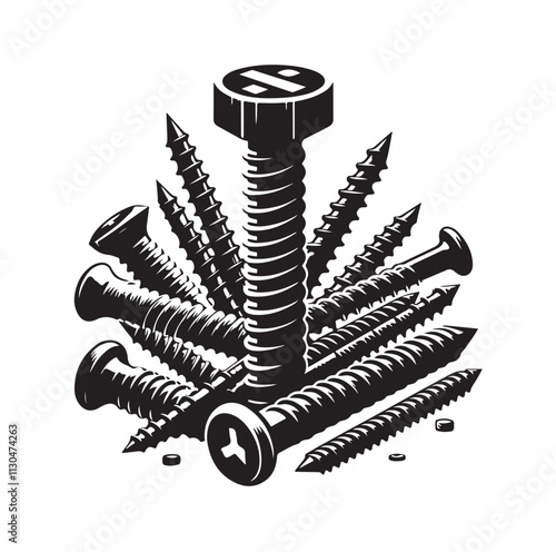 Screw bolt and nail Silhouette vector illustration