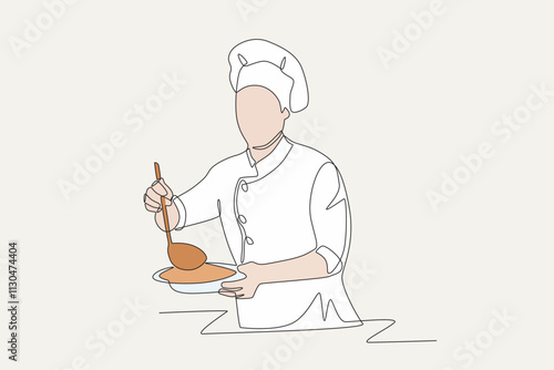 Colored male chef preparing food. Preparing meals concept one-line drawing