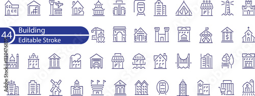 Building icon set. Containing house, office, bank, school, hotel, shop, university, hospital, church, museum, mosque, skyscraper, factory, architecture, city and more
