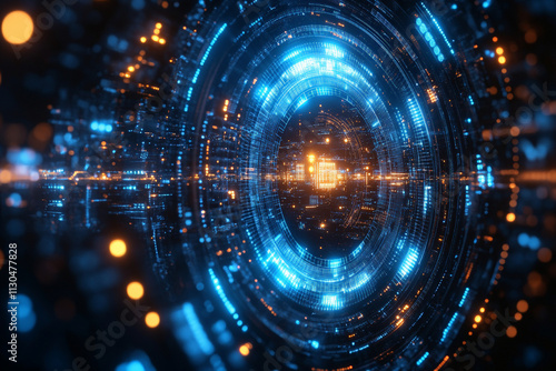 Wallpaper Mural Abstract blue background with three concentric circles of lines and dots in the center. Futuristic technology concept, digital network connection. Torontodigital.ca