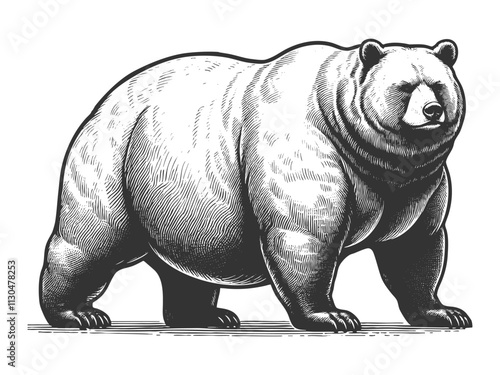 Fat overweight large bear standing with a robust posture, showcasing intricate fur textures in vintage style sketch engraving generative ai vector illustration. Scratch board. Black and white image.