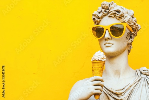 Ancient Greek statue, holding ice cream cone, wearing yellow sunglasses, bright yellow background, vibrant photo