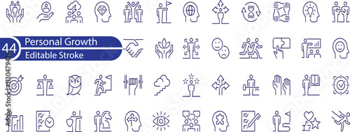 Personal growth web icons set. Growth and success  simple thin line icons collection. Containing career progress, growth profit coaching icons and more.