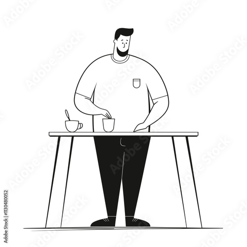 Person with cup by table, simple illustration.