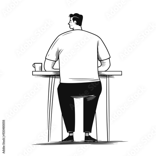 Person with cup by table, simple illustration.