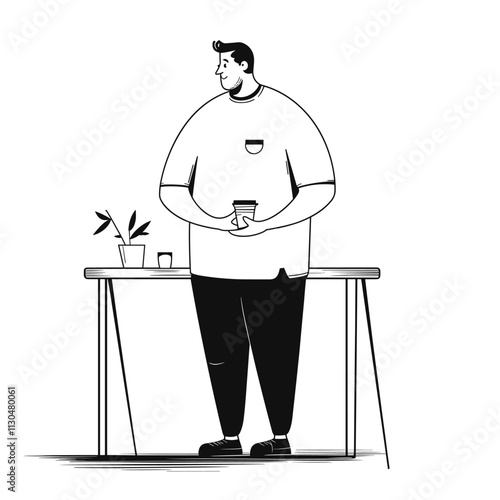 Person with cup by table, simple illustration.