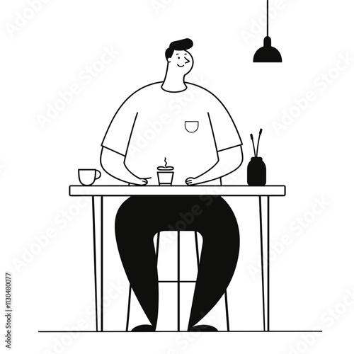 Person with cup by table, simple illustration.