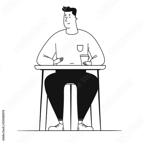 Person with cup by table, simple illustration.