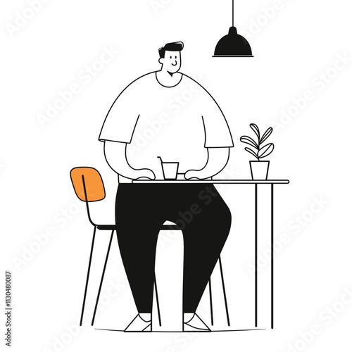 Person with cup by table, simple illustration.