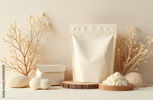 Sustainable mycelium products on beige background with organic decor photo