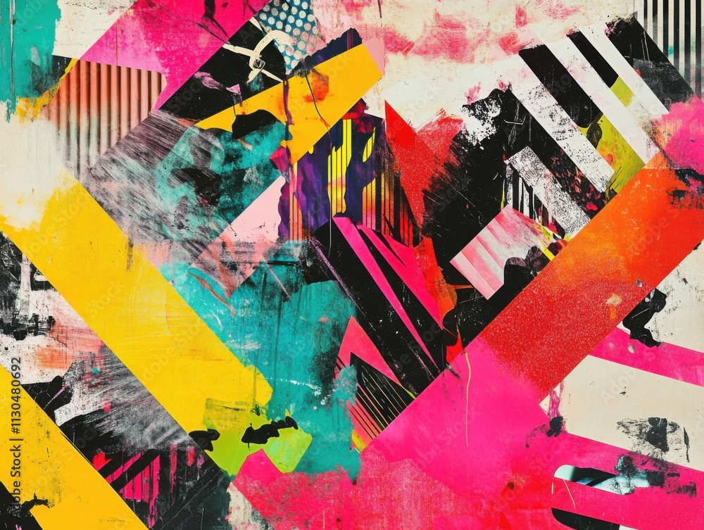 Fototapeta premium Bold graphic design with vibrant colors, abstract shapes, and layered patterns in organized chaos