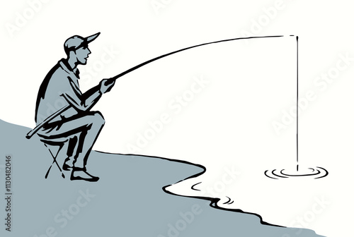 Vector drawing. The fisherman catches the fish