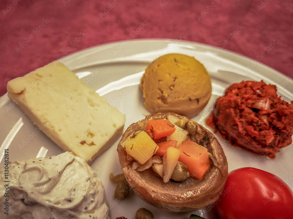 Hors d'oeuvre plate, white cheese, tomatoes, cucumber, haydari, Russian salad, pistachio paste, fava, artichoke with olive oil.