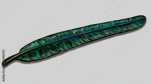 A striking feather from a toucanet bird, showcasing vibrant green and blue streaks photo