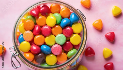 Close-up of vibrant, colorful candies in a glass jar, with various shapes and bright colors against a soft background