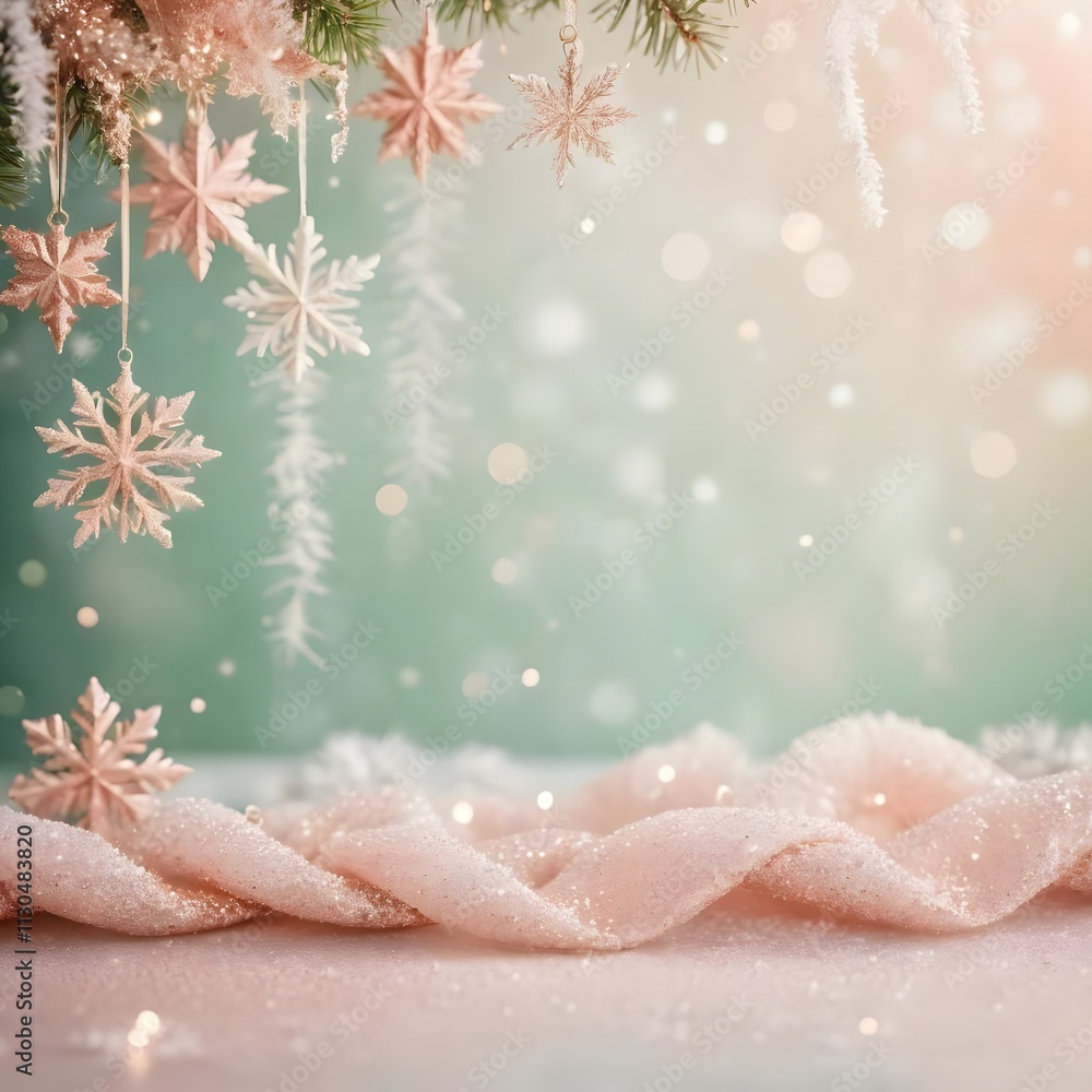 Fototapeta premium Elegant Christmas Background with Delicate Pink Snowflakes and Sparkling Fabric