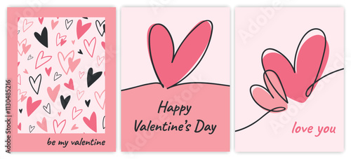 Set of Valentine cards with hand drawn one line continuous shape hearts. Vector love cover backgrounds, love card templates
