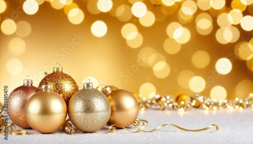 Golden Christmas background. Golden Christmas ornaments on glittering background
