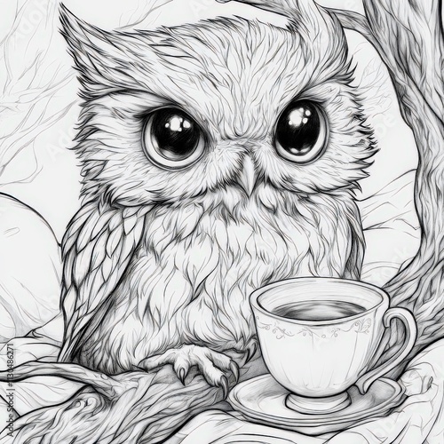 Bold and easy line drawing scene of an cute owl with big eyes, trinking tea in bed, coloring book, coloring page, cozy coloring. just the outlines, no filling, no shading, no greyscale, bold lines