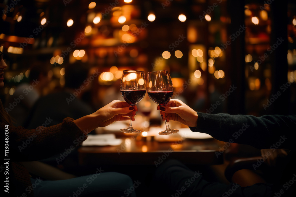 Close up of couple in love clinking glasses drinking wine having romantic dinner date celebrating. Valentines Day evening anniversary sitting at table at home or in restaurant