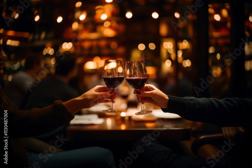 Obraz na płótnie Close up of couple in love clinking glasses drinking wine having romantic dinner date celebrating. Valentines Day evening anniversary sitting at table at home or in restaurant w salonie