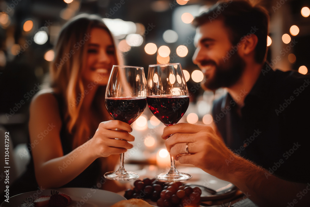 Close up of couple in love clinking glasses drinking wine having romantic dinner date celebrating. Valentines Day evening anniversary sitting at table at home or in restaurant