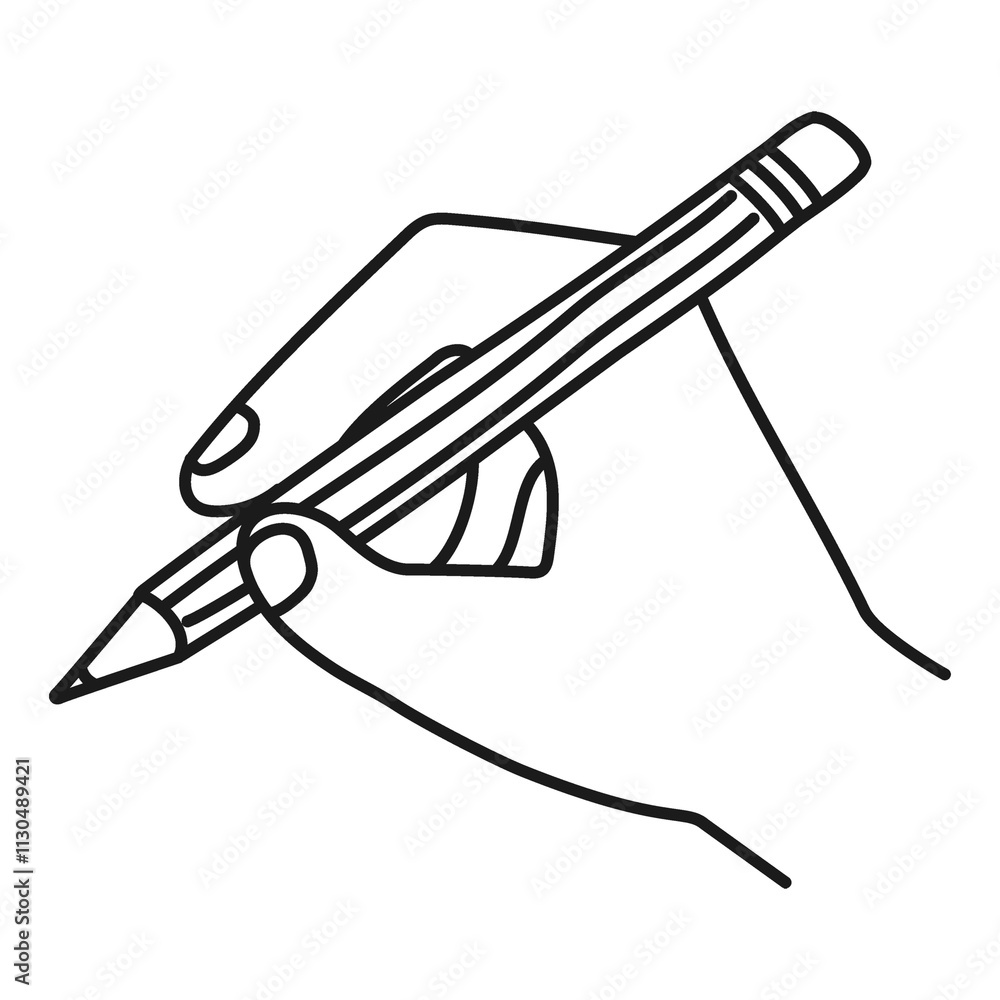 Obraz premium Png hand holding pencil sticker, education concept doodle line art on transparent background
