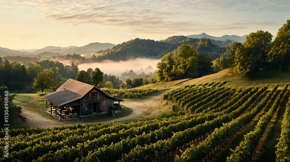 Obraz premium Cozy Peach Orchard Retreat with Misty Hills in the Background Rows of lush fruit laden peach trees set against a backdrop of rolling hazy hills create a serene and inviting countryside landscape